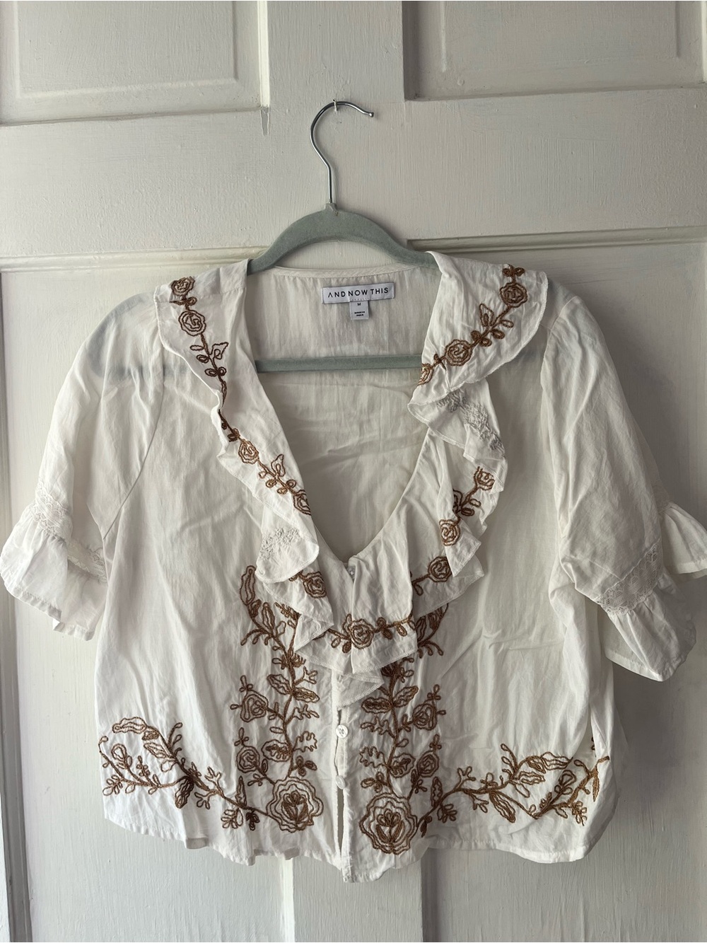 And Now This White Ruffle Front Embroidered Blouse